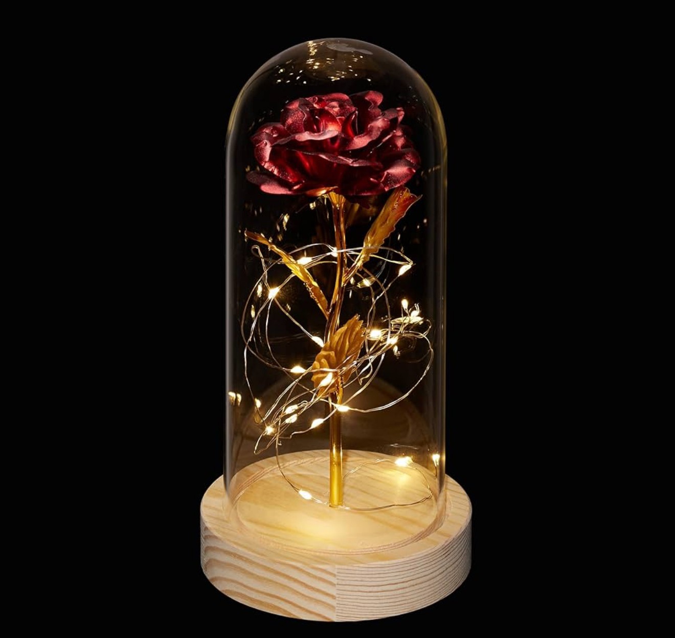 Foil Rose in Glass Dome with LED Lights on Wooden Base