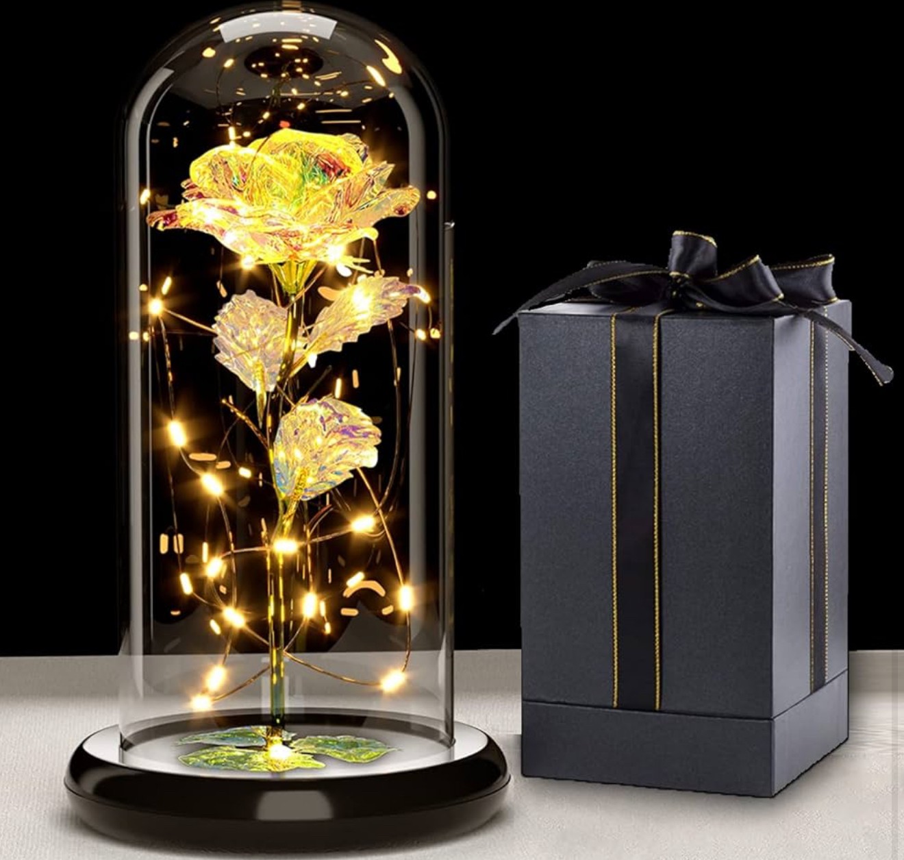 Iridescent Gold Rose in Glass Dome with Gift Box